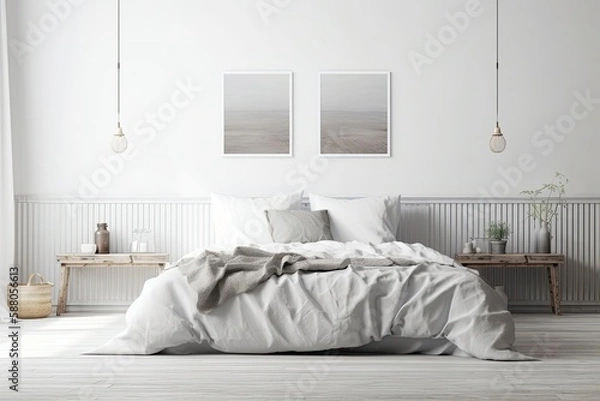 Fototapeta modern white bedroom with a spacious bed. Generative AI