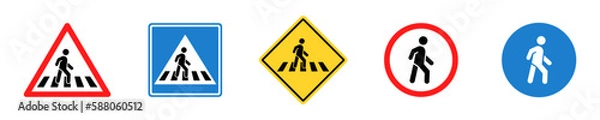 Fototapeta Set of pedestrian crossing vector signs. Crosswalk or zebra. Pedestrians traffic road sign. No walking. Area for crossing road.