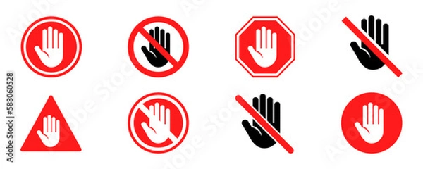 Fototapeta Set with red forbidden signs don't touch. No entry hand red label or sticker. Ban or prohibited sign.