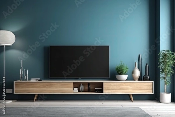 Fototapeta modern living room with a large television on a sleek stand. Generative AI