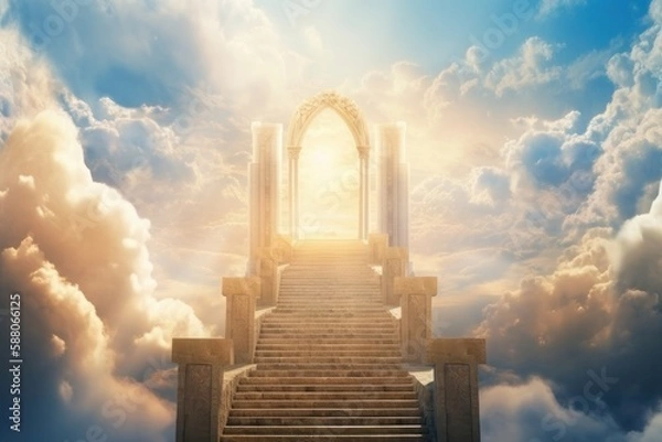 Fototapeta Conceptual image of an entrance to heaven with a stairway leading to heaven or hell, Generative Ai