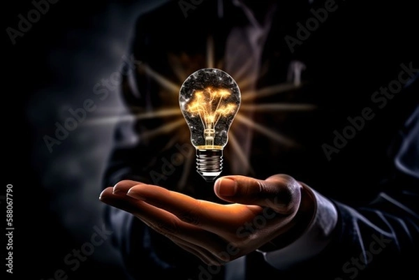 Fototapeta Man with light bulb having ideas