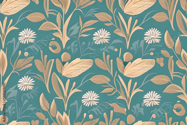 Fototapeta Abstract blue flower and leaves seamless pattern background. Flower and leaf clip illustration texture. Generative AI.