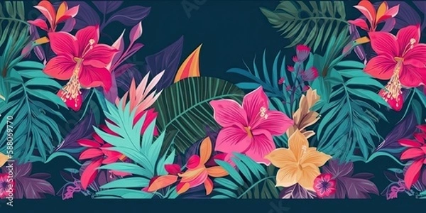 Fototapeta Tropical floral background Generative AI art