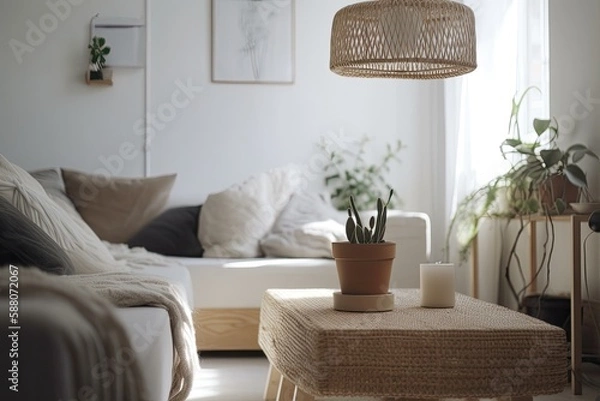 Fototapeta modern living room with a comfortable couch and a stylish coffee table. Generative AI