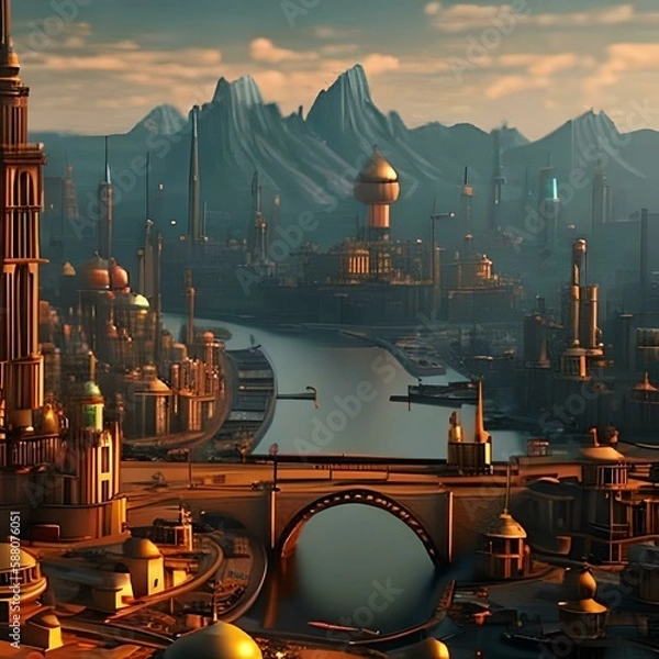 Fototapeta view of the city in stempunk style  created with Generative AI technology