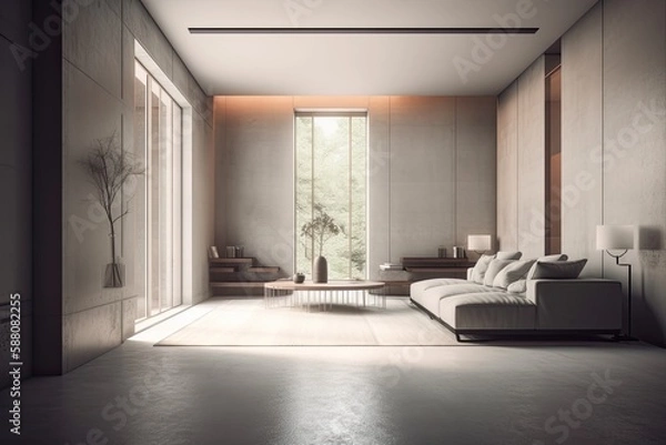 Fototapeta cozy living room with a comfortable couch and a stylish coffee table. Generative AI