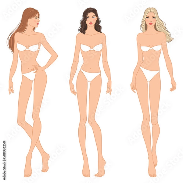 Fototapeta Fashion models posing, vector illustration. Women's body templates. Nine-head fashion female colored croquis with face and hairstyle, vector set.