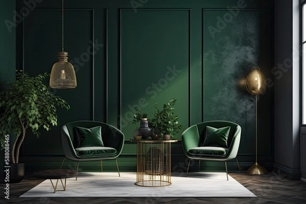 Fototapeta cozy green sitting room with two chairs and a table. Generative AI