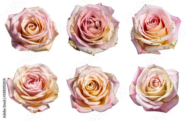 Fototapeta Assorted light pink rose flower heads with gold glitter splatter on transparent PNG background. Generative AI.