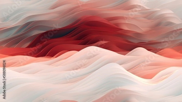 Fototapeta Smooth Ocean Waves Red and White Gradient Pattern: Digital Illustration of Wavy Water Flow on Soft Silk Fabric for Wallpaper or Surface Design Perfect Luxury Beauty, Summer Nature Themes Generative ai