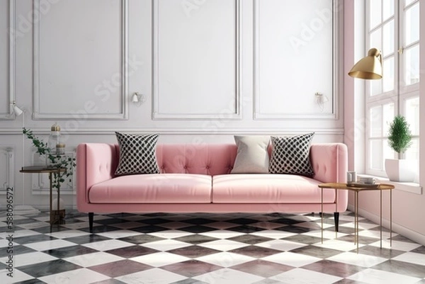 Fototapeta pink couch in a white room with a checkered floor. Generative AI