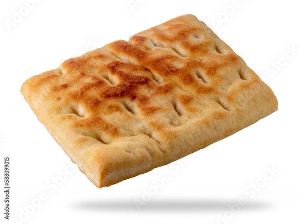 Fototapeta Typical Italian focaccia from Genoa, flat bread piece isolated