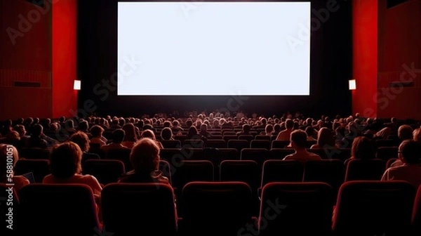 Fototapeta Movie theater blank screen mock up, modern cinema with people on red seats template. Generative AI