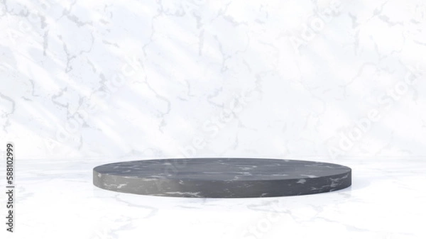 Fototapeta Black marble round podium on white marble background with beautiful tree shadows and sunlight, 3d render