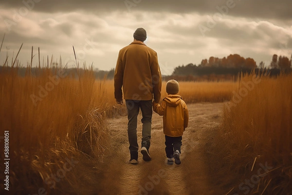 Fototapeta Father and son walking down a dirt road, fathers day background generated ai