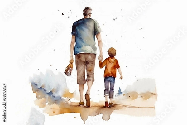 Fototapeta Watercolor painting of a father and child, ink painting, storybook illustration, fathers day background generated ai