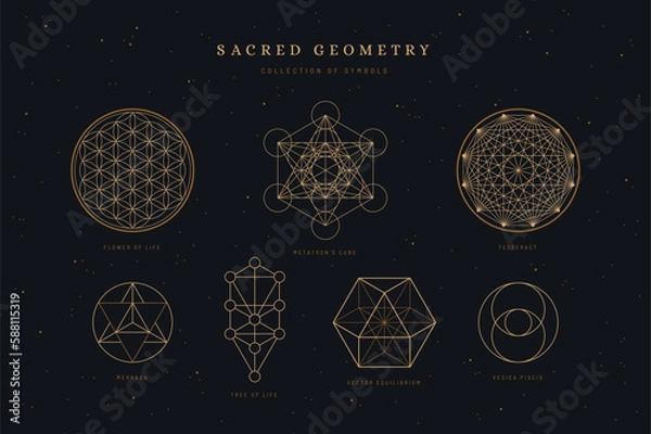 Fototapeta set / collection of sacred geometry symbols or icons, flower of life, metatron's cube, merkaba, tree of life, vesica piscis, vector equililbrium, and tesseract, spiritual / yoga design elements