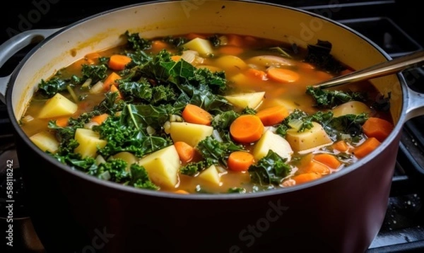 Fototapeta  a pot filled with vegetables and potatoes on top of a stove.  generative ai