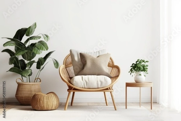 Fototapeta cozy living room with a chair, potted plant, and side tables. Generative AI