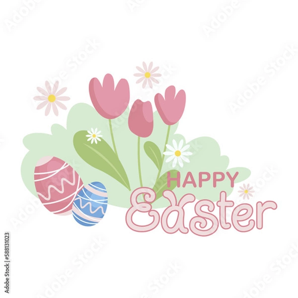 Fototapeta Happy Easter vector illustration concept with easter egg, spring flowers and typography. Graphics in a modern style, cartoon character. Ideal for social media post, poster, sticker, cover or postcard.