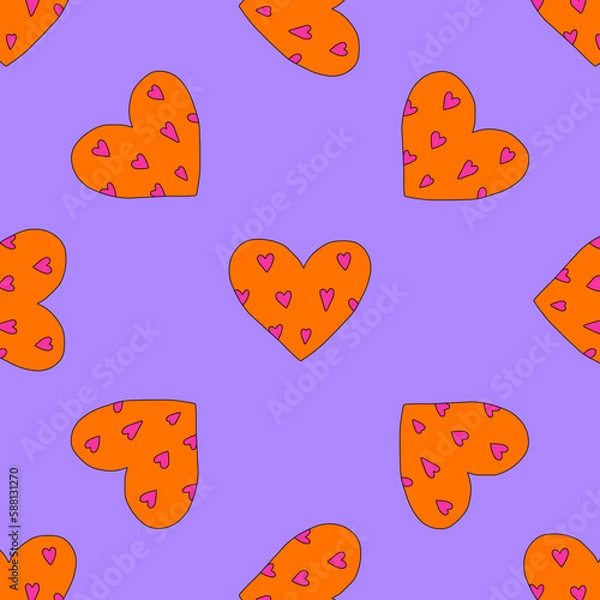 Fototapeta 1970 psychedelic seamless pattern. 1970s good vibes hearts ornament. 1960 retro Valentine. Hippie peace and love. Funky and groove card. Trippy art.Hippie wallpaper background poster	
