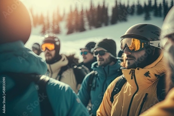 Fototapeta Alpine Adventure: Group of Friends Skiing Through a Scenic Snowy Mountain Landscape. Generative AI