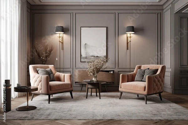 Fototapeta cozy living room with comfortable chairs and a stylish table. Generative AI