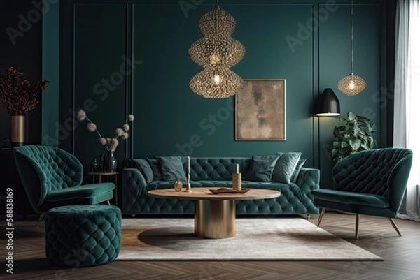 Fototapeta vibrant living room with green walls and matching furniture. Generative AI