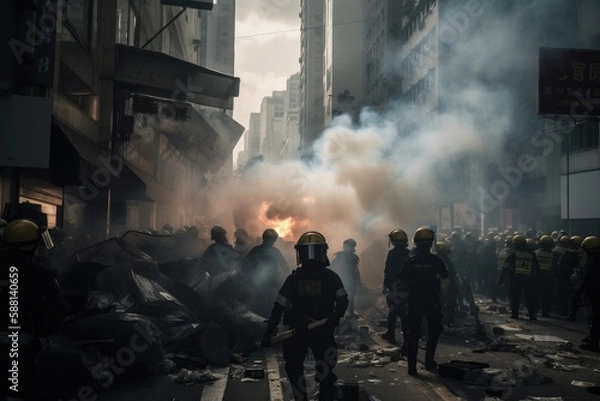 Fototapeta Officers are dressed in riot gear and are using shields and batons to push back the protesters. The scene is chaotic, with smoke and debris filling the air Generative AI
