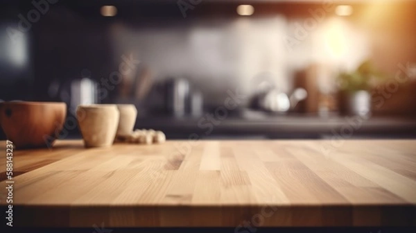 Fototapeta Empty wooden tabletop with blurred kitchen background and copy space