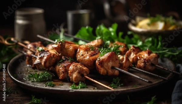 Fototapeta Grilled skewers of meat and vegetables on plate generated by AI