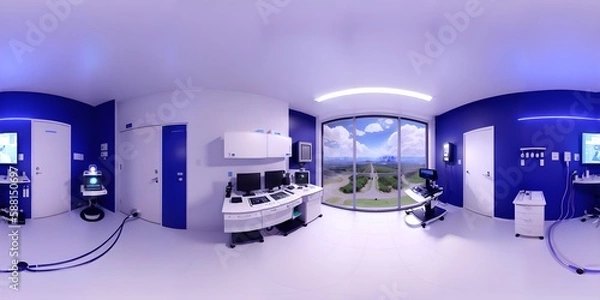 Fototapeta Photo of a computer lab with multiple computer stations and desks