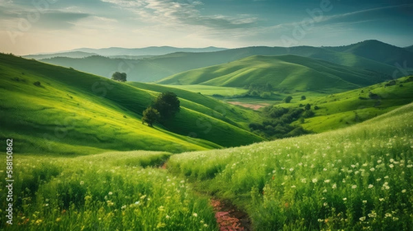 Fototapeta Idyllic nature scene of rolling green hills and vibrant floral fields