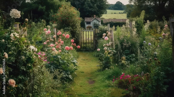 Fototapeta Rustic english country garden with charming flowers and green fields