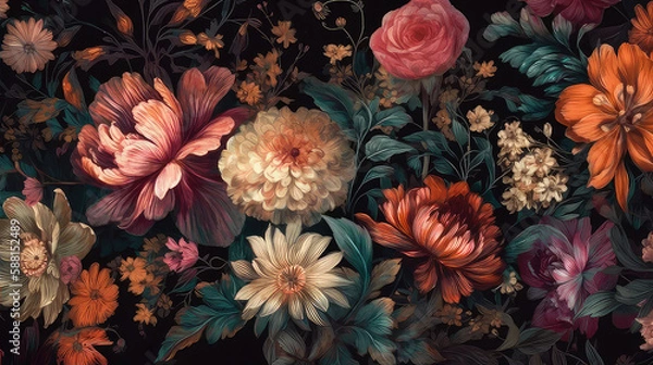 Fototapeta Bold and exotic floral pattern on dark background