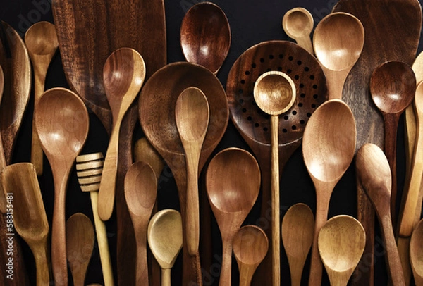 Fototapeta Various rustic wooden spoons for cooking, kitchen utensils, tools and equipment