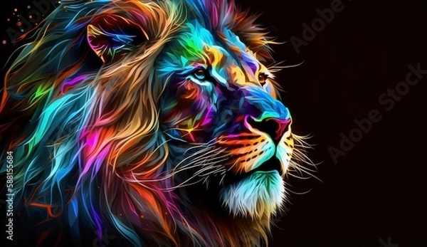 Fototapeta Neon Rainbow Portrait of a colorful Lion, black background, ideal for wallpaper. Generative AI