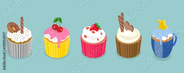 Fototapeta 3D Isometric Flat Vector Set of Sweet Cupcakes, Desserts for Pastry