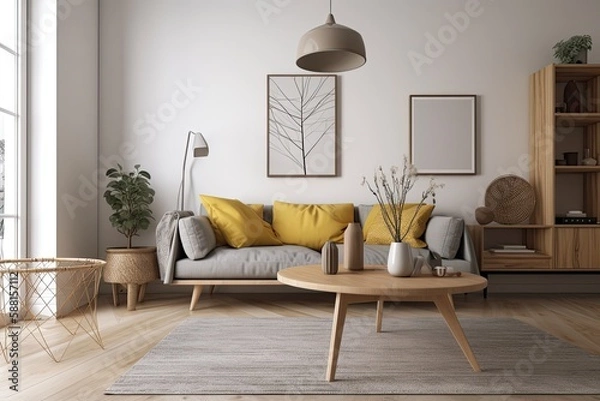 Obraz cozy living room with plants, a comfortable sofa and a coffee table. Generative AI