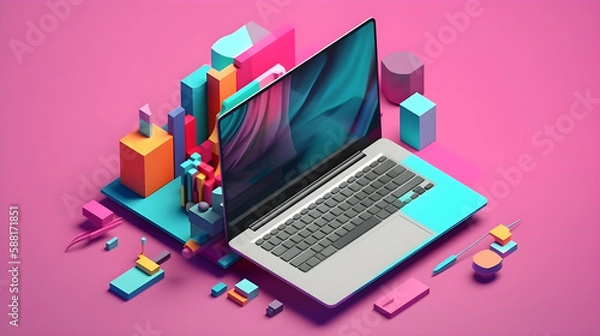 Fototapeta laptop with notes