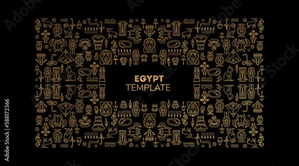 Fototapeta Decorative african border, vector linear Egipt cover template. Bright orange and black art decoration shapes. Line style with space for text - geometric ethnic frame, luxury packaging, advertising, 