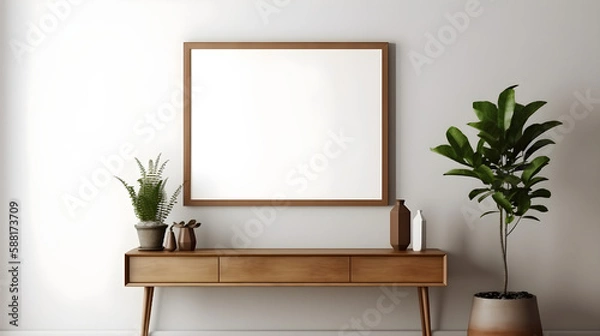 Fototapeta Blank wooden picture frame mockup on wall in modern interior. Horizontal artwork template mock up
