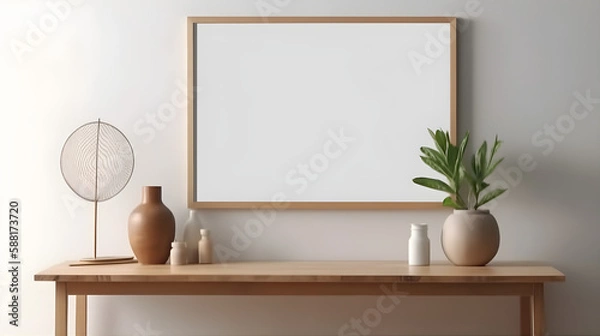 Fototapeta Blank wooden picture frame mockup on wall in modern interior. Horizontal artwork template mock up