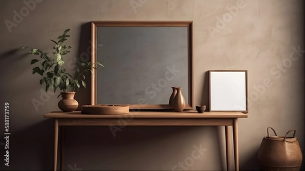 Fototapeta Blank wooden picture frame mockup on wall in modern interior. Horizontal artwork template mock up