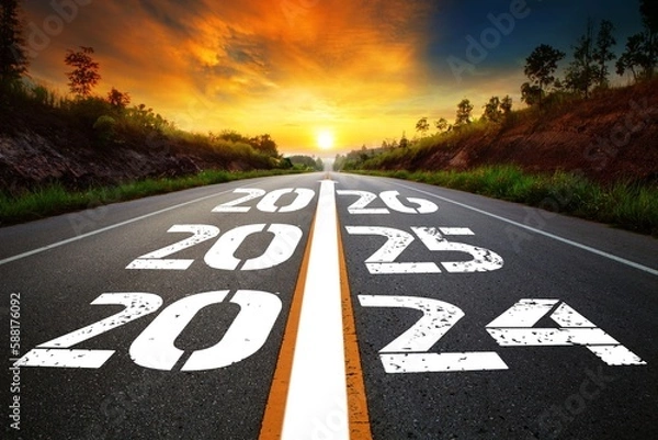 Fototapeta  Text 2024-2026 written on the road in the middle of asphalt road with at sunset. Concept of planning, goal, challenge, new year resolution,noise, selective focus 