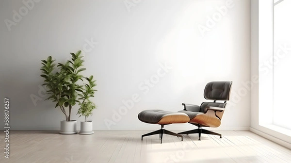 Fototapeta Modern minimalist interior with an armchair on empty white color wall background, mid-century.