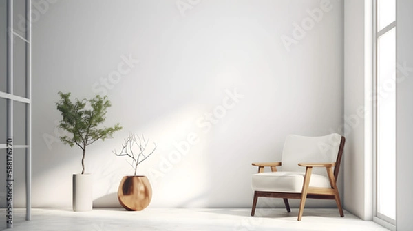 Fototapeta Modern minimalist interior with an armchair on empty white color wall background, mid-century.
