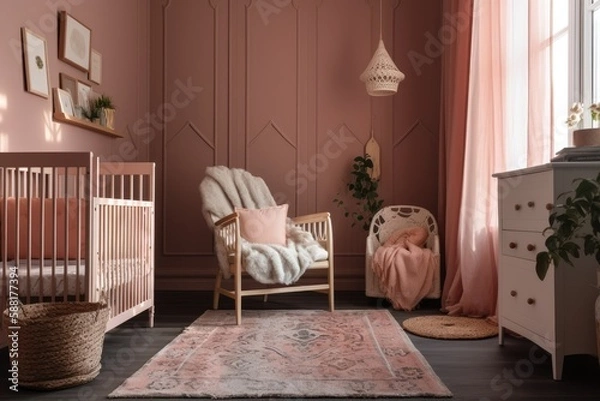 Fototapeta baby's nursery with soft pink decor. Generative AI