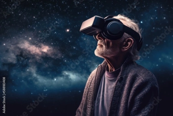 Fototapeta Never too late: senior man embraces the future with vr technology